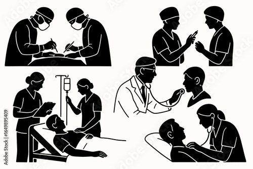 Medical silhouette set showcasing healthcare professionals in various actions, representing critical moments in patient care