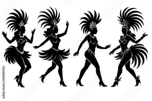 Silhouette of dancers in festive attire, embodying the vibrancy and spirit of a lively celebration. Each dancer is adorned with a feather headdress, a symbol of the energetic performance. Samba Brazil