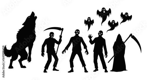 Spooky Halloween silhouettes featuring wolves, ghosts, and grim reapers, perfect for the festive season. These ominous figures create a chilling ambiance
