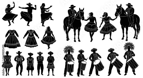 Silhouette collection of people and horses performing traditional dances and customs. Bumba Meu Boi, brazil