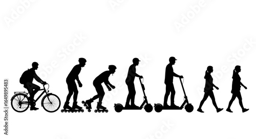 Silhouette of People Engaging in Various Activities, Including Riding a Bike and Walking