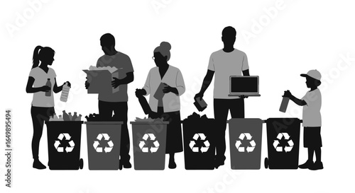 A diverse group of people actively participating in recycling waste into trash can to protect environment and conserve resource.
