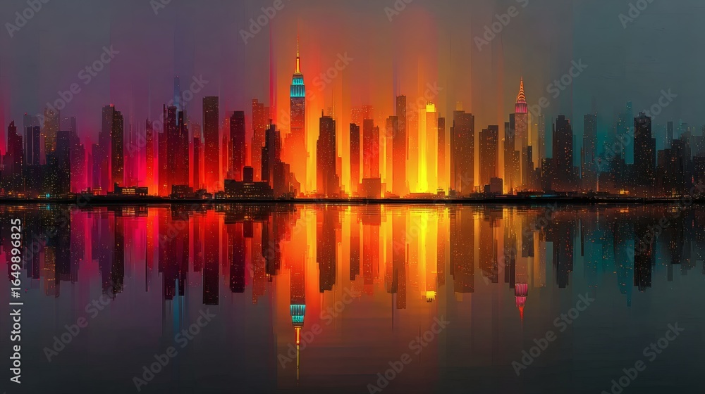 Fototapeta premium Abstract Art of Vertical Glowing Columns in Red, Orange, and Purple Shades, Forming an Illuminated City Skyline with Water Surface Reflections, Modern Digital Illustration with Geometric Shapes and a 