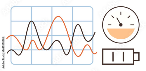 Line graph on grid showcasing fluctuating trends, speedometer for performance, low battery icon. Ideal for analytics, performance monitoring, technology, energy, statistics, progress efficiency