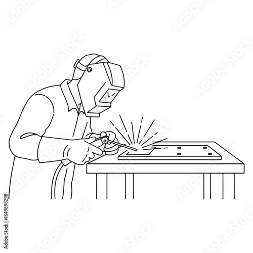 A line drawing of a welder in a protective mask and gloves working on a metal plate at a workbench.