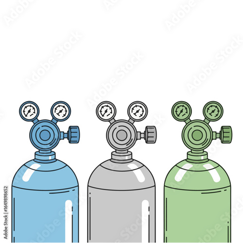 Three colorful oxygen tanks with gauges, illustrating medical or industrial applications.