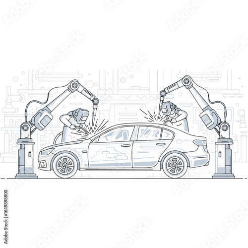 Robotic arms welding a car body during automated manufacturing.