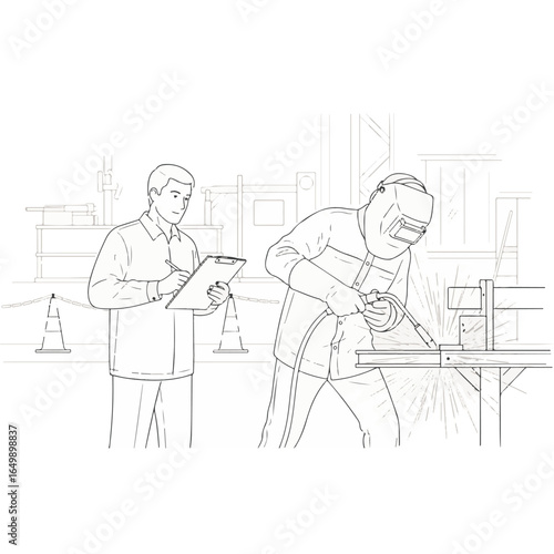 A welder fuses metal with a torch under the watchful eye of a supervisor taking notes on a clipboard in a factory.