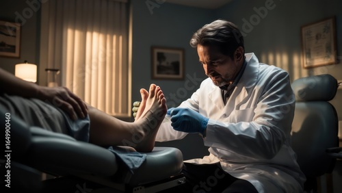 Skilled Podiatrist Examining Patient's Bare Feet with Precision in a Modern Clinic Setting