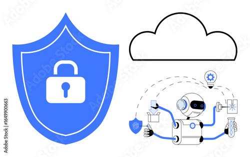 Shield with lock, cloud icon, and AI robot managing secure data flow. Ideal for data security, AI protection, cloud computing, privacy, tech innovation, digital safety simple flat metaphor