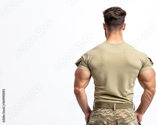 Muscular back in army fatigues against a blank backdrop
