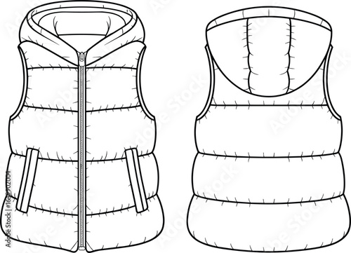 Hooded puffer vest technical flat sketch, front and back views, quilted pattern and zipper pocket details, fashion design template, cad drawing flat vector illustration