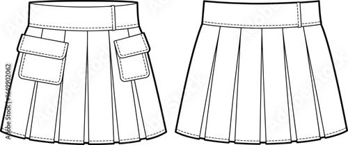 Pleated skirt technical flat sketch, front and back views, pocket and no pocket styles, fashion design template, cad drawing flat vector illustration