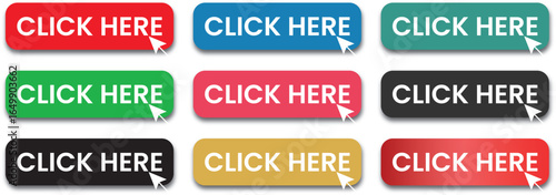 Click here button. Order now shop link. Mouse web for finger tap. Infographic cursor. Banner with arrow. Website subscribe. Online shopping. Computer interface. Vector internet icon set