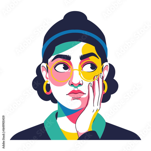 Contemplative portrait: A vivid illustration showcases a woman in a state of thoughtfulness, lost in reflection and introspection. Her expression, colored with hues, captures a sense of depth.