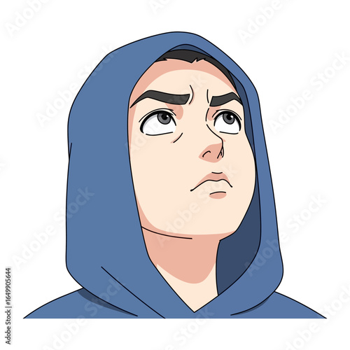 Pensive contemplation: A detailed illustration of a young person wearing a hoodie, gazing upwards with a thoughtful, expressive look, conveying a sense of reflection and introspection.