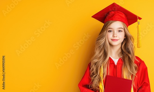 Graduating Girl. Young girl in red cap and gown smiles, holding a diploma against a solid yellow backdrop, radiant with light. Her long blonde hair frames her face, radiating confidence