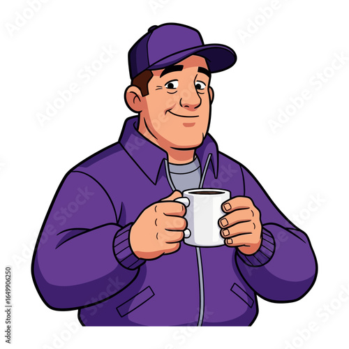 Morning Brew: A well-groomed man in a purple cap and jacket, holding a ceramic mug of freshly brewed coffee, radiating comfort and contentment