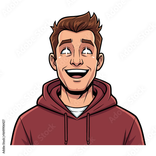 Man Smiling in the Moment: A young man is caught mid-moment, smiling and filled with glee, wears a casual red hoodie, showing authentic happiness.