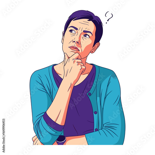 Contemplation: A woman with a questioning expression pondering a complex decision, her pose suggesting deep thought. 