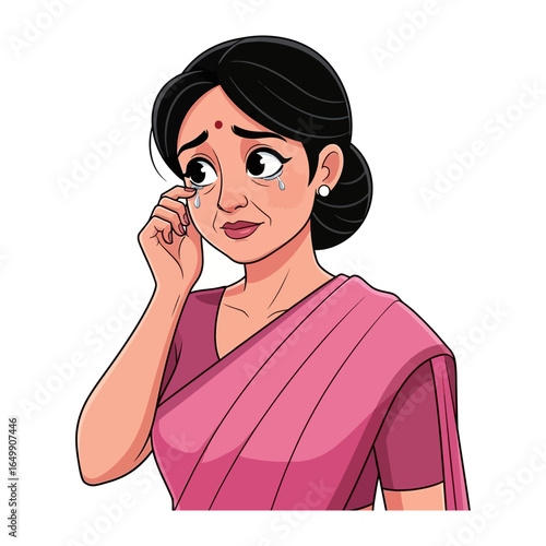 A woman is crying: An Indian woman in a pink saree is portrayed in this illustration. The woman is emotional. She is depicted shedding tears, emphasizing a moment of sorrow.