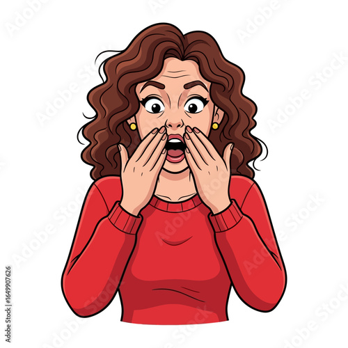 Astonished Lady's Expressions: A digitally illustrated image of a woman displays a range of astonished facial expressions. The woman, her red sweater, and curly brown hair.