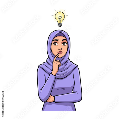 Enlightened Thought: A woman in hijab contemplates a glowing lightbulb above her, illustrating a moment of creative inspiration and insight.
