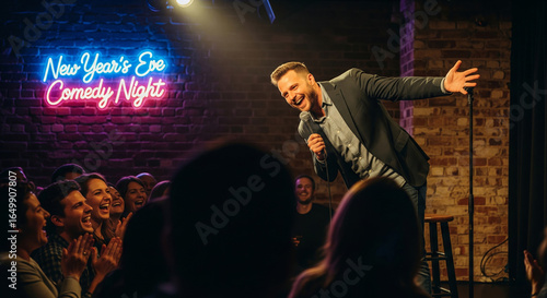 New Years Eve comedy show with lively audience and neon brick wall backdrop in intimate club setting