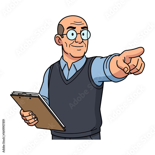 Observant Leadership: A distinguished professional, radiating authority and approachability, guides with assured purpose while maintaining an objective, and holds a clipboard.