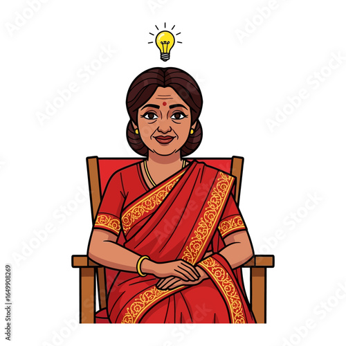 Bright Idea: An illustrated woman, adorned in traditional attire, is illuminated by a glowing lightbulb, representing inspiration, insight, and intellectual prowess. 