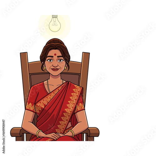 Innovative Woman: A thoughtful woman, adorned in traditional attire, is illuminated with a glowing lightbulb above her, symbolizing brilliance and new ideas. 