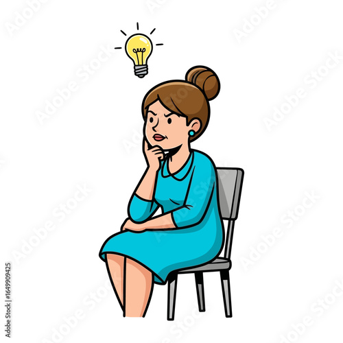 Insightful Muse: A thoughtful woman, lost in contemplation with a glowing idea, embodies the spark of inspiration in a vividly drawn illustration.