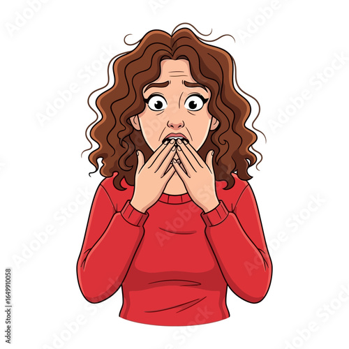 Shock and Dismay: A woman, embodying surprise and alarm, covers her mouth with her hands, her wide eyes reflecting a moment of unexpected shock or horror.