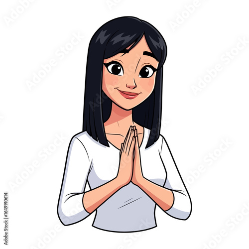 Harmony and Warmth: A captivating young woman extends a gesture of respect and serenity, her eyes reflect genuine friendliness and offer a sense of warmth, embodying politeness and harmony.