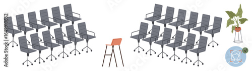 Orange chair stands out among identical gray office chairs, emphasizing individuality and leadership. Ideal for team building, uniqueness, leadership, decision-making, innovation, contrasting ideas