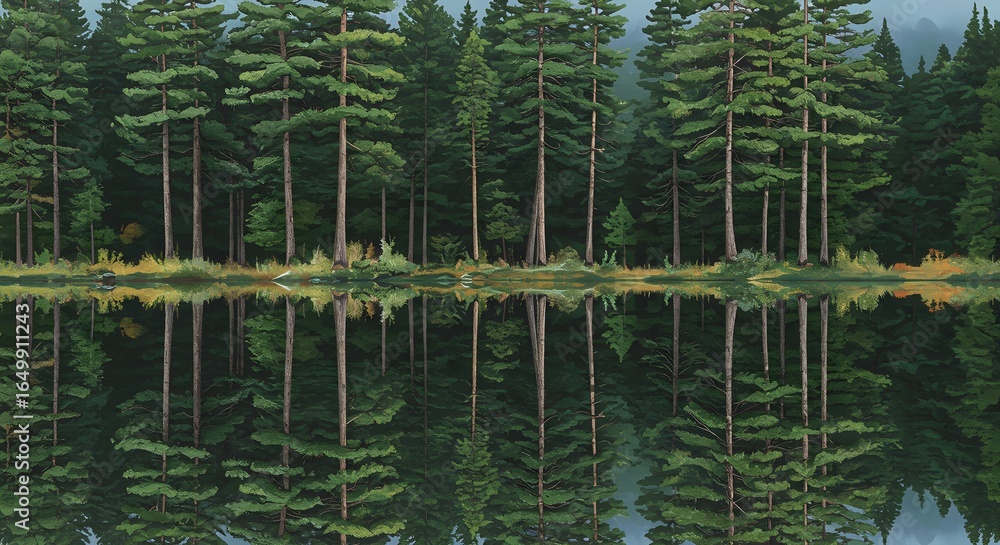 Obraz premium A tranquil lake reflects a dense forest of tall evergreen trees on a calm and peaceful day outdoors