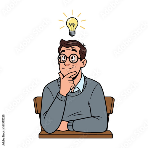 Brainwave Visualization: Captivating illustration of a man deep in thought, illuminated by a radiant lightbulb representing inspiration and new ideas.