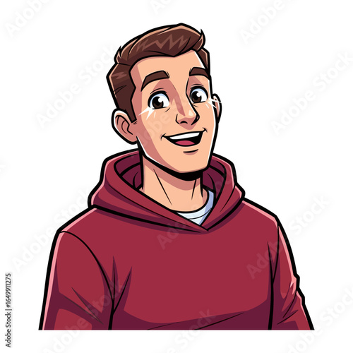 Smiling Man in Casual Wear: A captivating illustration of a cheerful man, sporting a red hoodie and a warm, welcoming smile, radiating positivity and approachability.