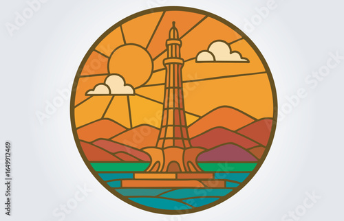 Round Pakistan momument Badge Label or Logo in Prismatic Style Template