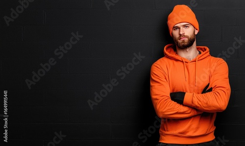 Bearded man in orange hoodie and beanie leans against a dark textured wall with arms crossed, looking at the viewer with a serious expression