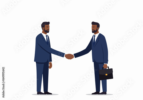 Two businessmen shaking hands, symbolizing agreement, partnership, and successful deal conclusion.