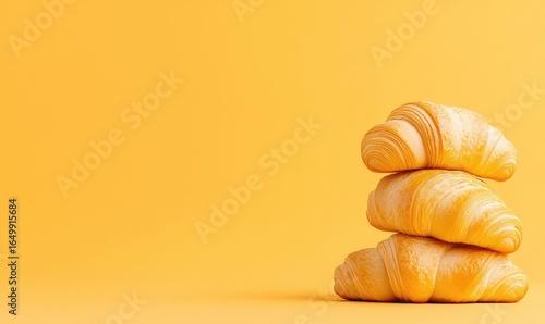 Three golden croissants stacked against a vibrant, plain yellow backdrop