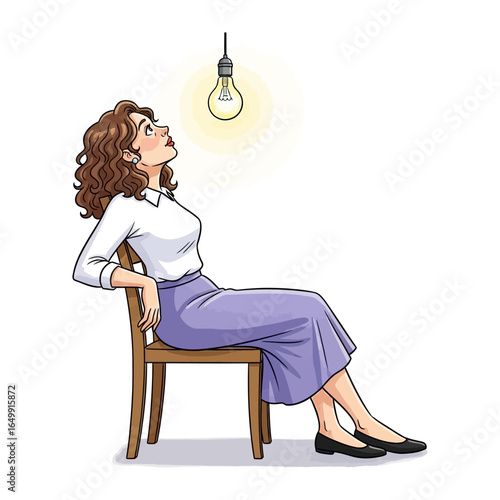 Brilliant idea: A woman, lost in thought, looks up at the lit bulb, contemplating her latest breakthrough