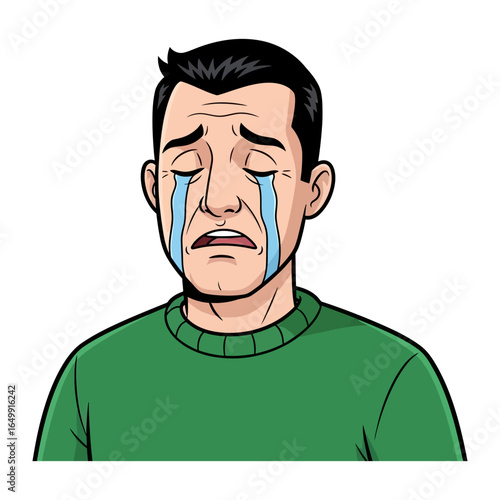 Melancholy's Embrace: A man in distress, his face etched with sadness as tears stream down his cheeks, conveying the depths of human emotion through striking illustration.