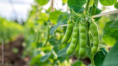 Close Up of Green Pea Pods Hanging on Vine in Garden with Bright Sunlight and Blurred Background Rich in Organic Nutrients and Natural Growth
