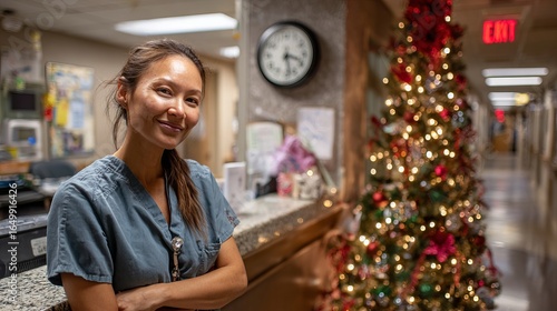Healthcare professional in scrubs smiling confidently near decorated Christmas tree in hospital corridor with clock on the wall