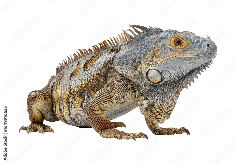 Obraz premium Alert Iguana with Armored Scales Isolated on Transparent Background