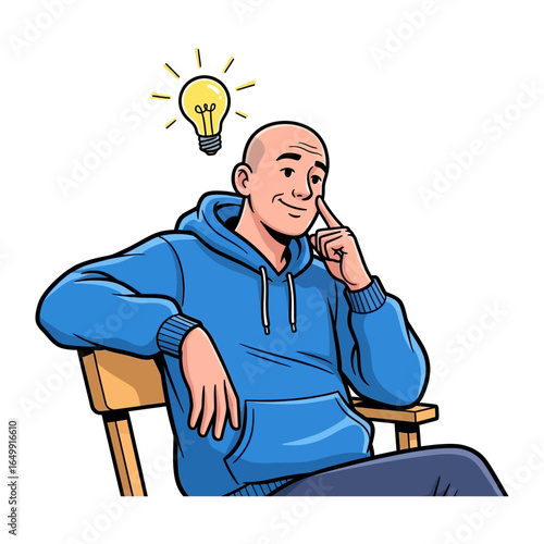 Idea Manifested: A bald individual, bathed in the glow of a creative spark, pondering a brilliant concept, symbolizing thought, intellect, and the genesis of invention. 