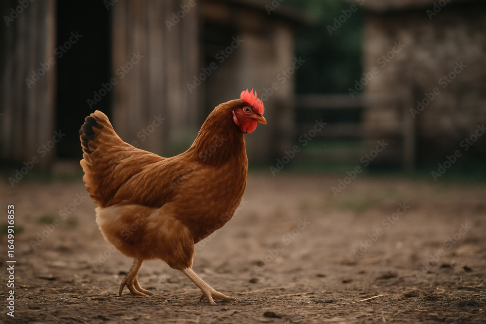 Fototapeta premium Free-range brown chicken walking on farmyard