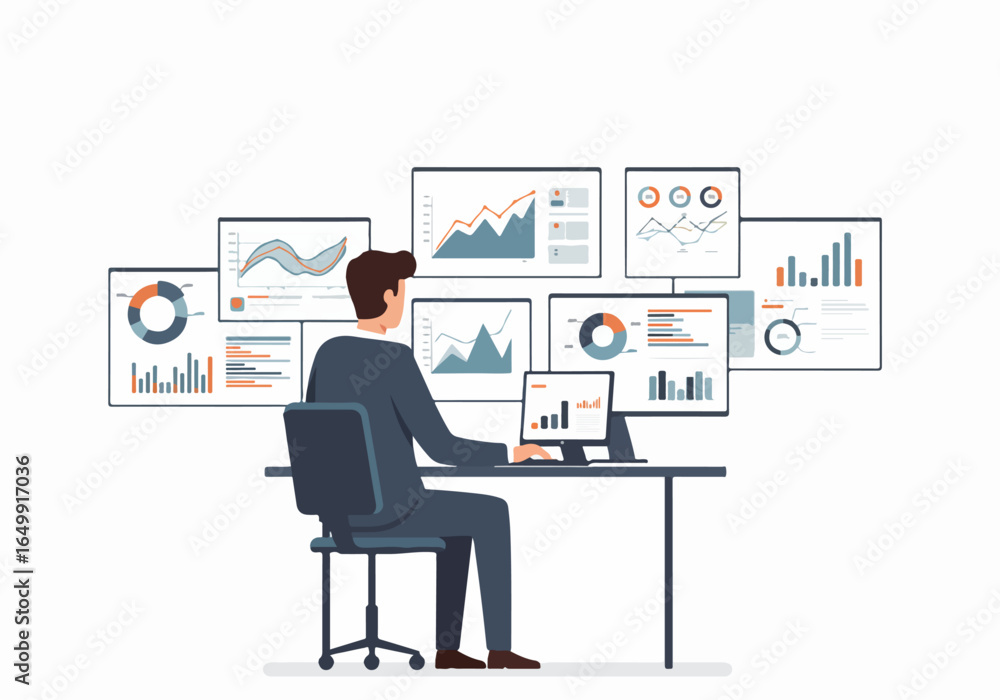 Professional Analyzing Business Data and Financial Reports on Multiple Monitors for Market Insight and Strategy Professional Analyzing Business Data and Financial Reports on Multiple Monitors for Market Insight and Strategy